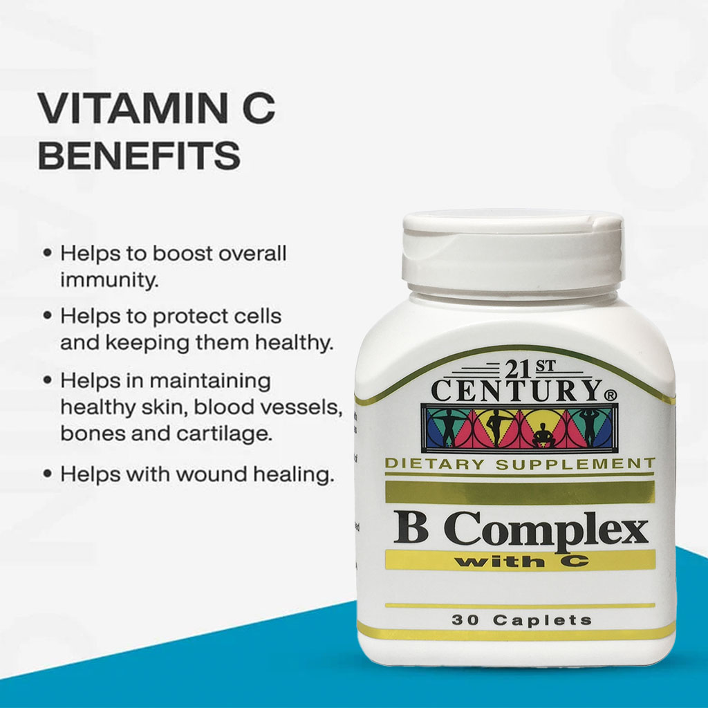 21st Century B Complex With Vitamin C Caplets For Energy & Immune Support, Pack of 30's