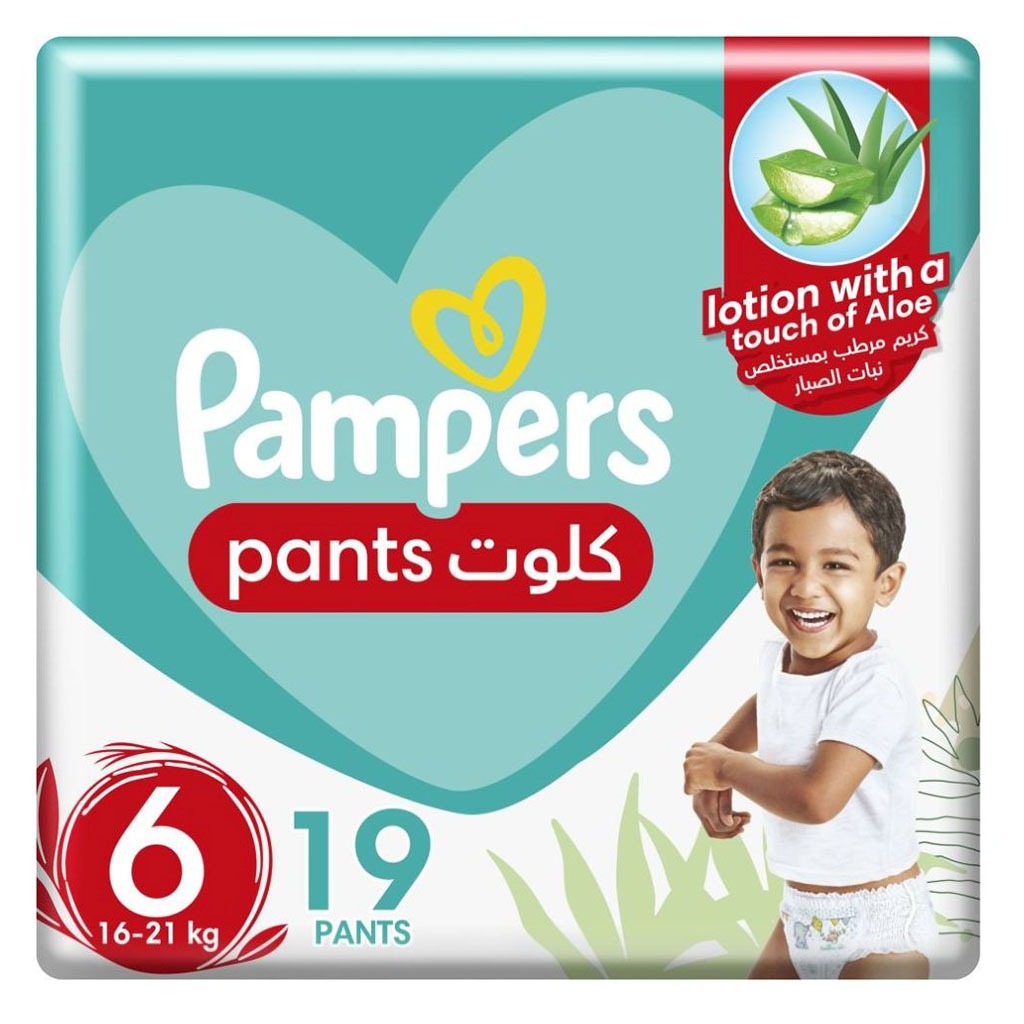 Pampers Aloe Vera Lotion Infused Baby-Dry Pants With Stretchy Sides & Leakage Protection, Size 6, For 16-21 Kg Baby, Mega Pack of 19's