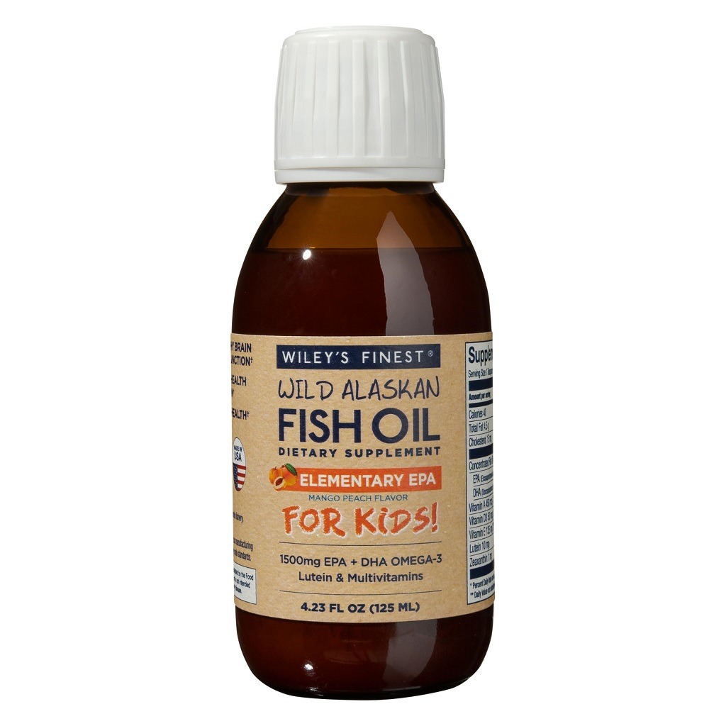 Wiley's Finest Elementary EPA Fish Oil Liquid For Kids With 1500mg Omega 3, Lutein & Multivitamins Mango Peach Flavor 125ml