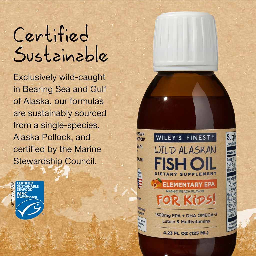 Wiley's Finest Elementary EPA Fish Oil Liquid For Kids With 1500mg Omega 3, Lutein & Multivitamins Mango Peach Flavor 125ml