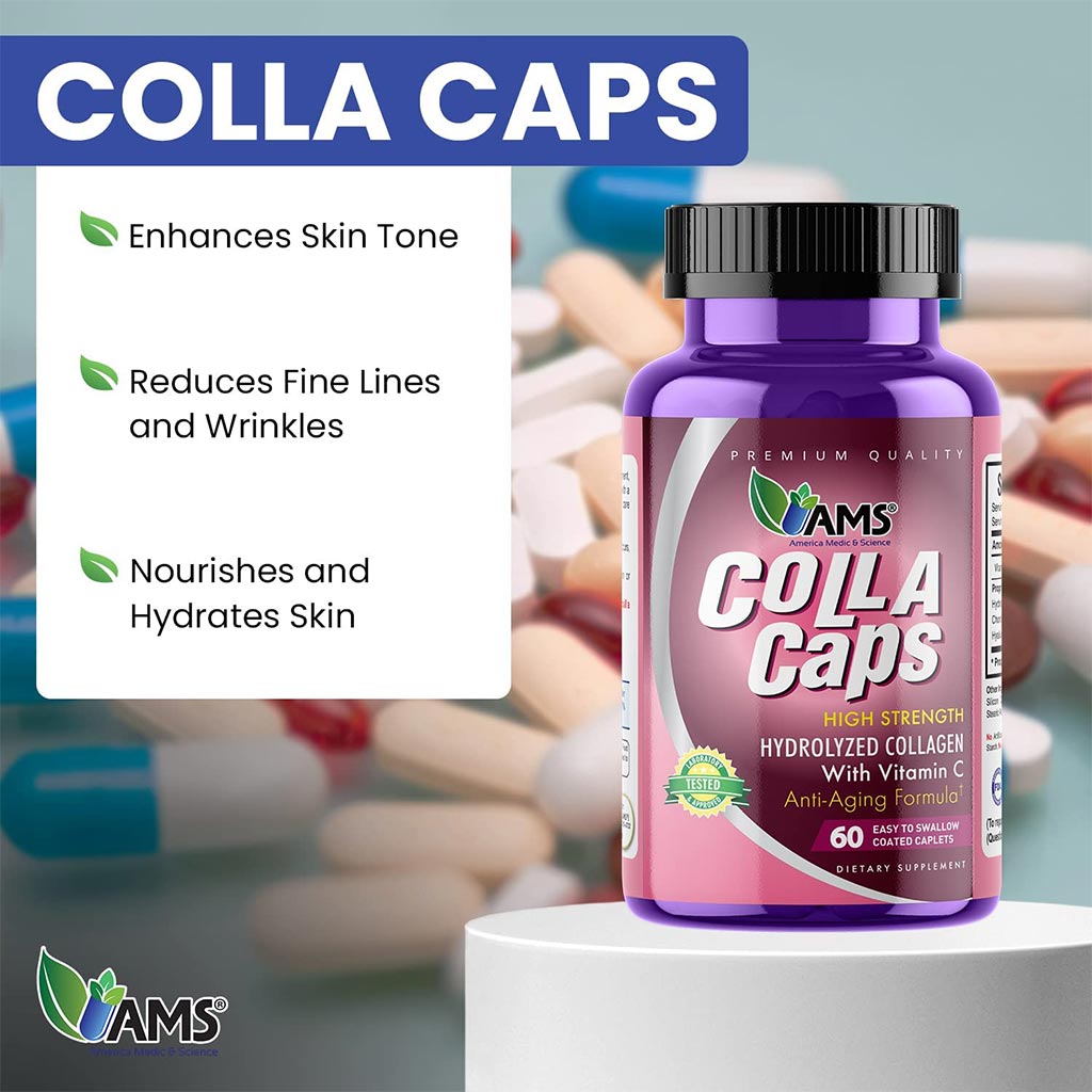AMS Colla Caps Anti-Aging Caplets With High Strength Hydrolysed Collagen & Vitamin C, Pack of 60's