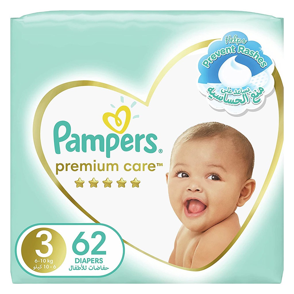Pampers Premium Care Softest Best Skin Protection Diapers, Size 3, For 6-10 Kg Baby, Pack of 62's