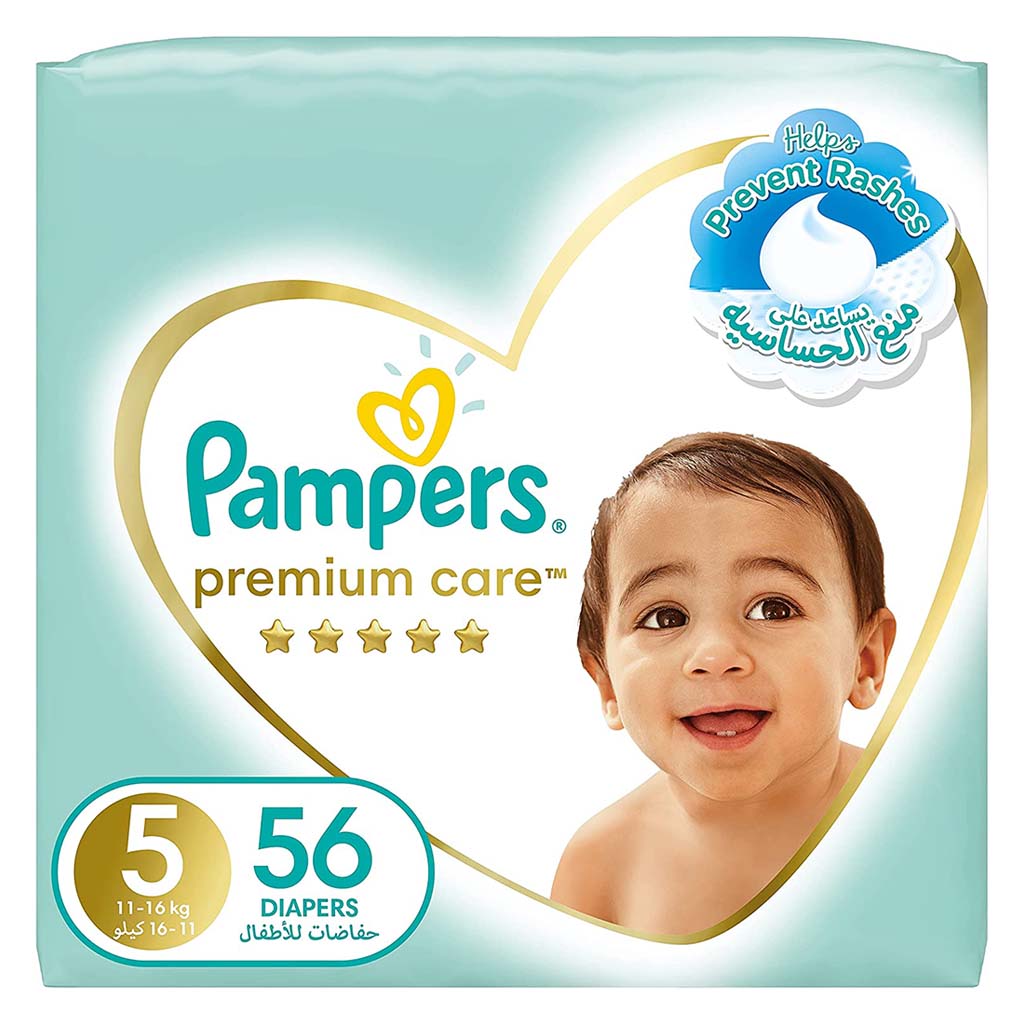 Pampers Premium Care Softest Best Skin Protection Diapers, Size 5, For 11-16kg Baby, Pack of 56's