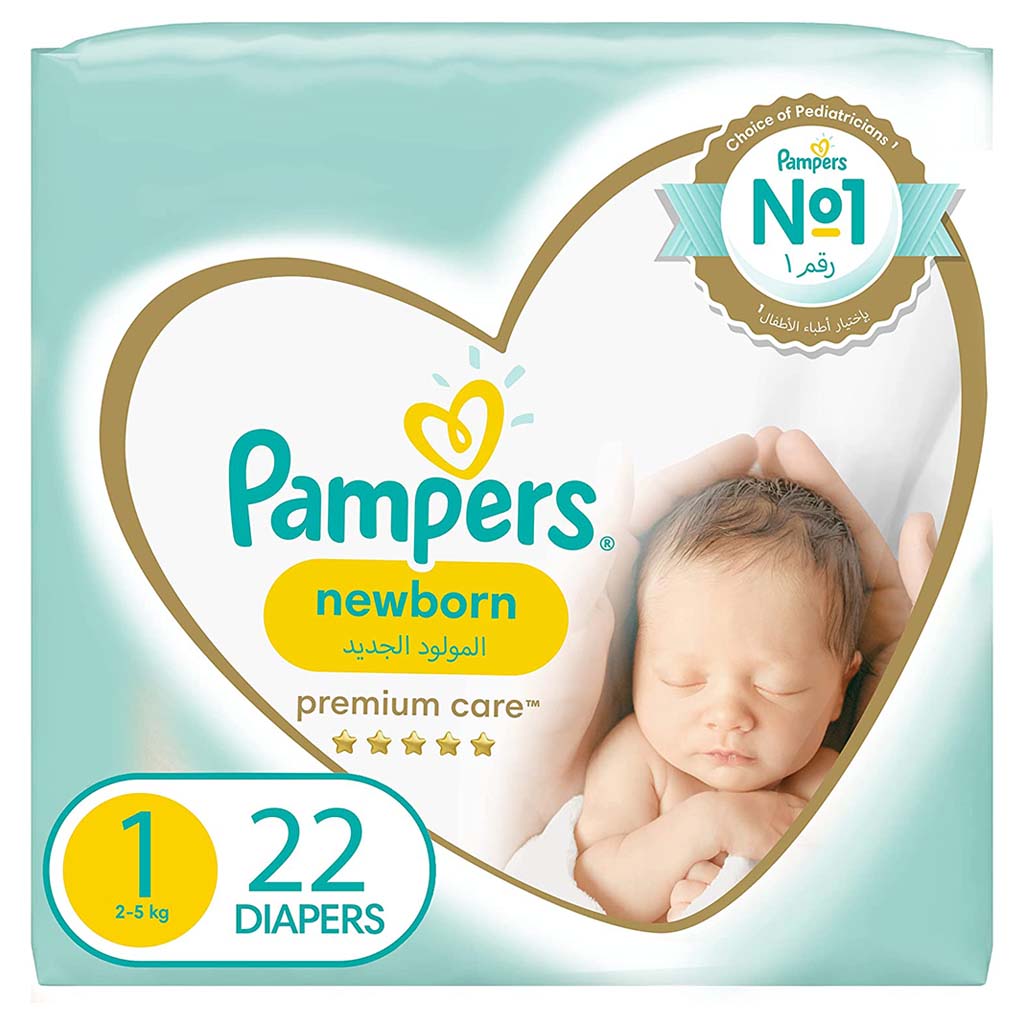 Pampers Premium Care Softest Best Skin Protection Diapers, Size 1, For Newborn Weighing 2-5 kg, Carry Pack of 22's