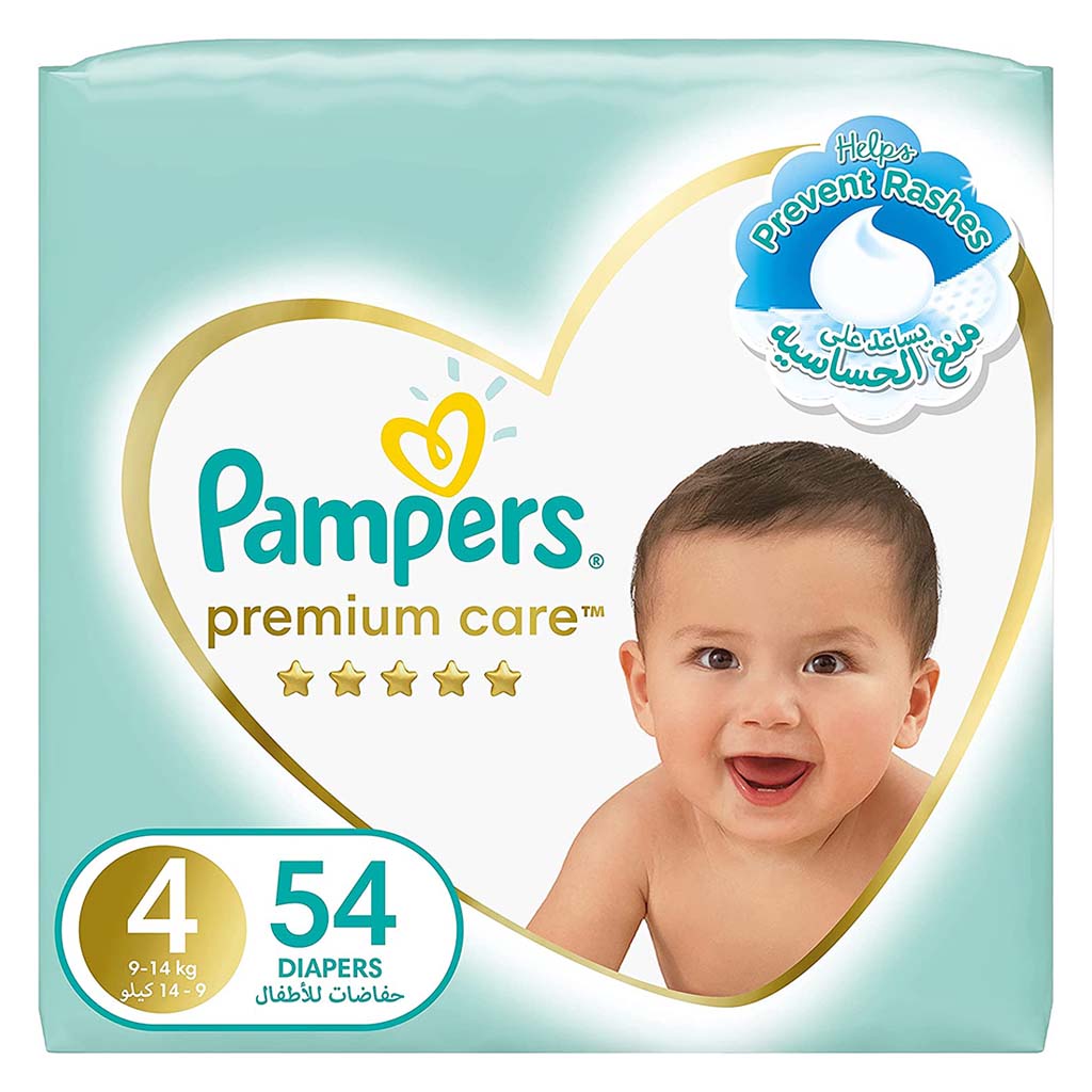Pampers Premium Care Softest Best Skin Protection Diapers, Size 4, For 9-14 Kg Baby, Pack of 54's