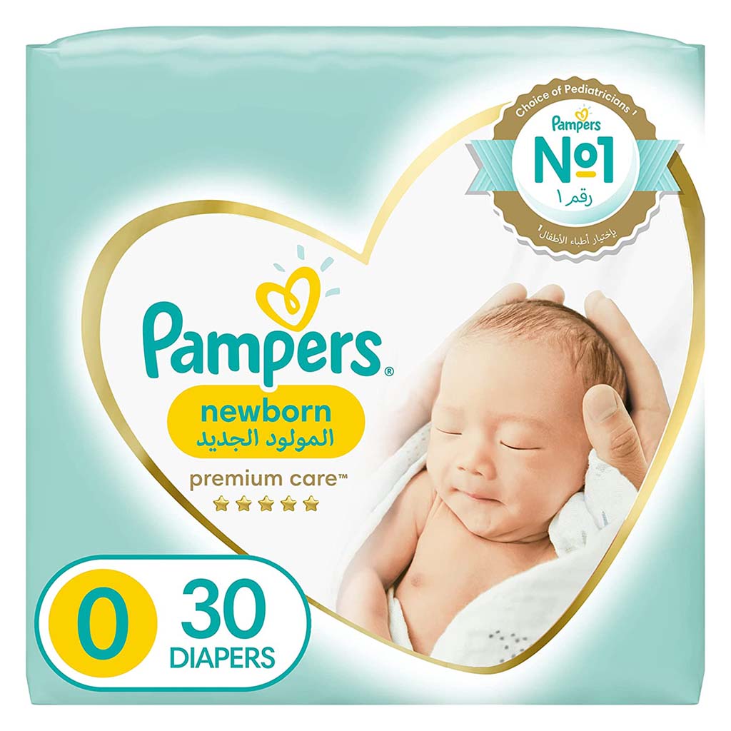 Pampers Premium Care Softest Best Skin Protection Diapers, Size 0, For Newborn Weighing Below 2.5 Kg, Carry Pack of 30's