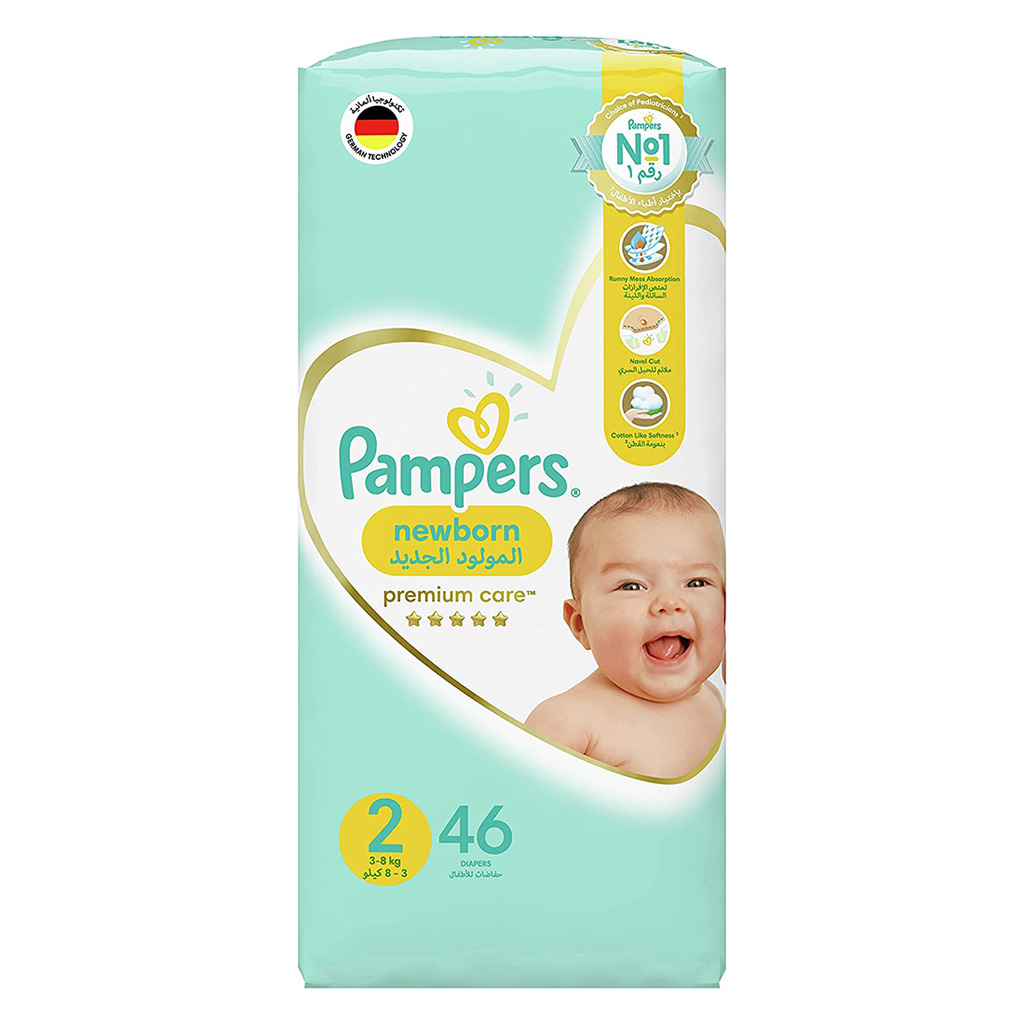 Pampers Premium Care Softest Best Skin Protection Diapers, Size 2, For Newborn Weighing 3-8 Kg, Pack of 46's
