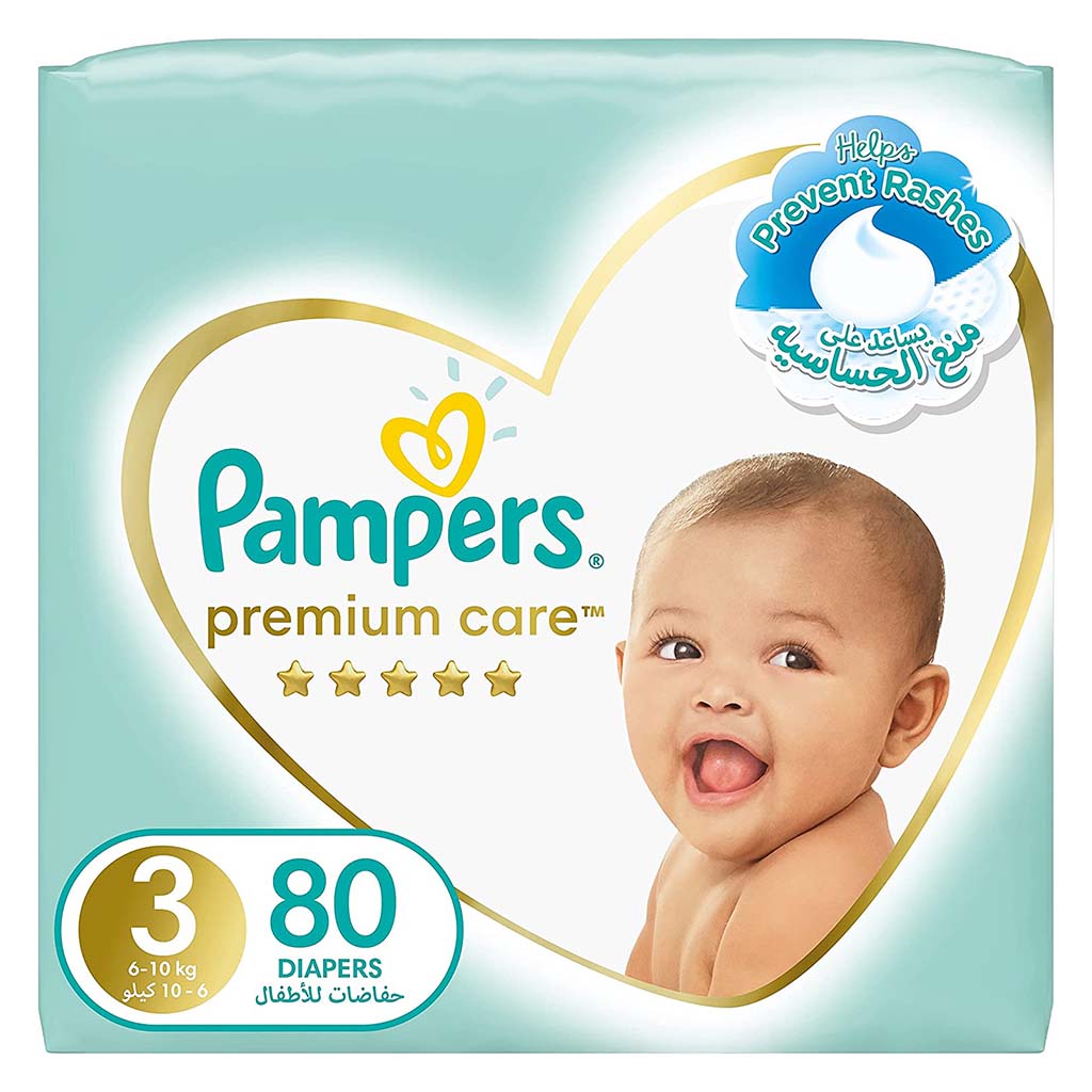 Pampers Premium Care Softest Best Skin Protection Diapers, Size 3, For 6-10 Kg Baby, Pack of 80's