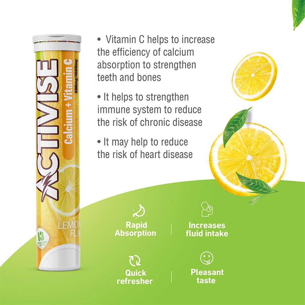 Activise Calcium + Vitamin C Lemon Flavor Effervescent Tablets For Bone & Immune Health, Pack of 13's