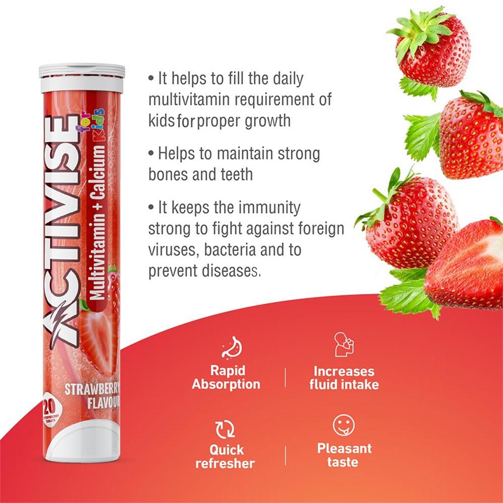Activise Kids Multivitamin + Calcium Effervescent Tablets, Strawberry Flavor, Pack of 20's