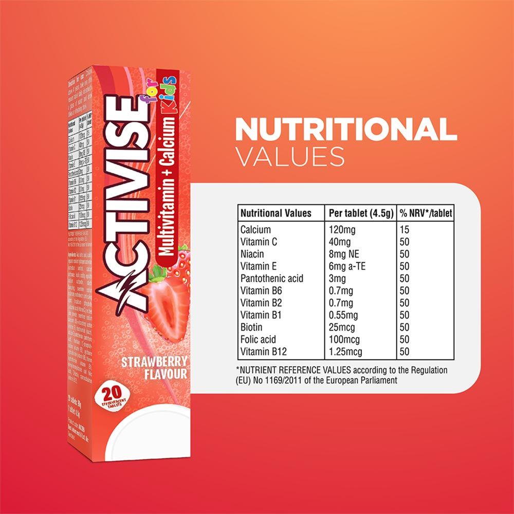 Activise Kids Multivitamin + Calcium Effervescent Tablets, Strawberry Flavor, Pack of 20's