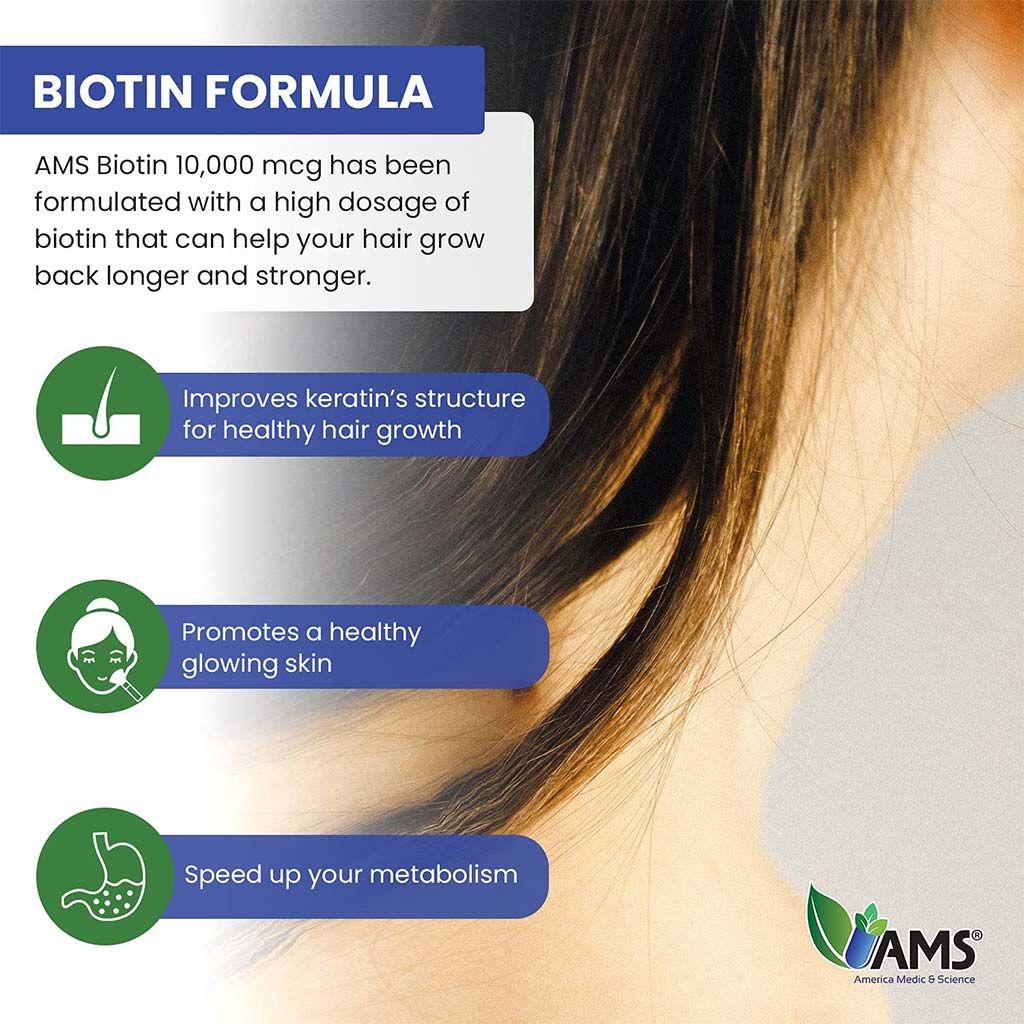 AMS Biotin 10,000 mcg Tablet, Vitamin Supplement For Hair, Skin And Nails, Pack of 60's