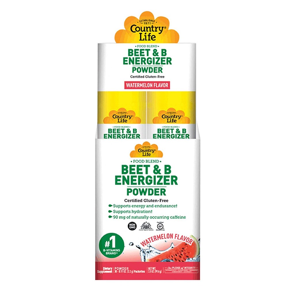 Country Life Beet & B Energizer Hydrating Gluten-Free Powder Stick Watermelon, Pack of 30's