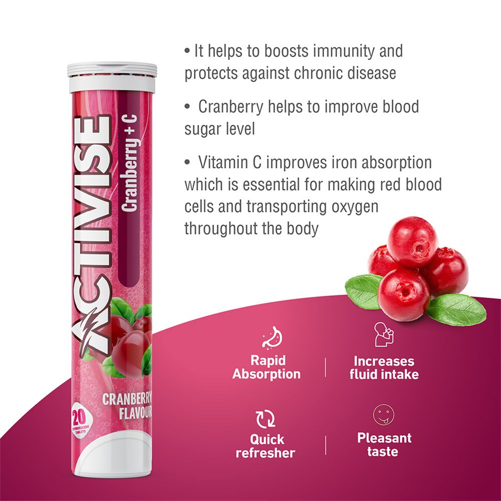 Activise Cranberry + Vitamin C Effervescent Tablets For Immunity Boost, Pack of 20's