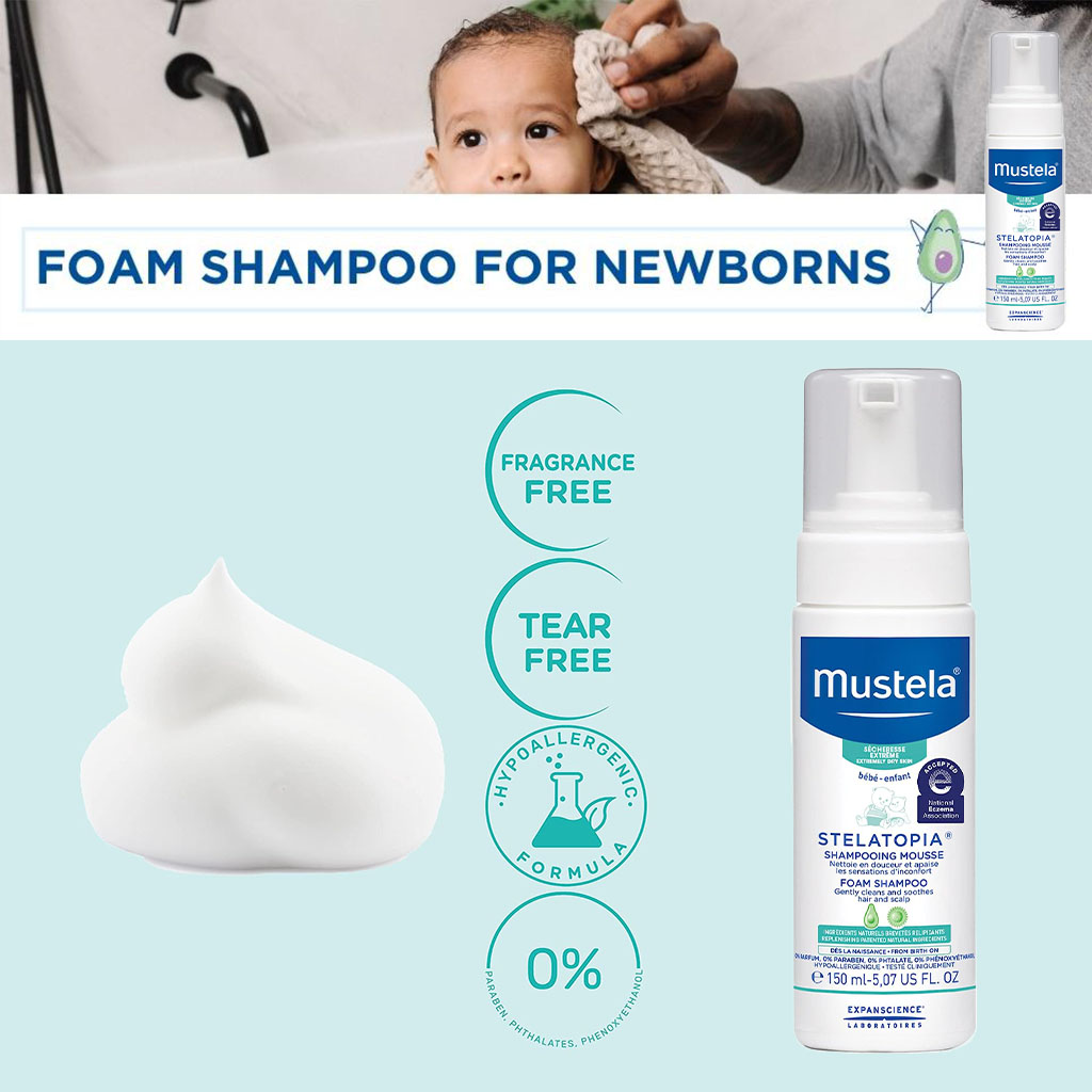 Mustela Stelatopia Foam Baby Shampoo For Atopic Prone Skin, Fragrance-Free 150ml