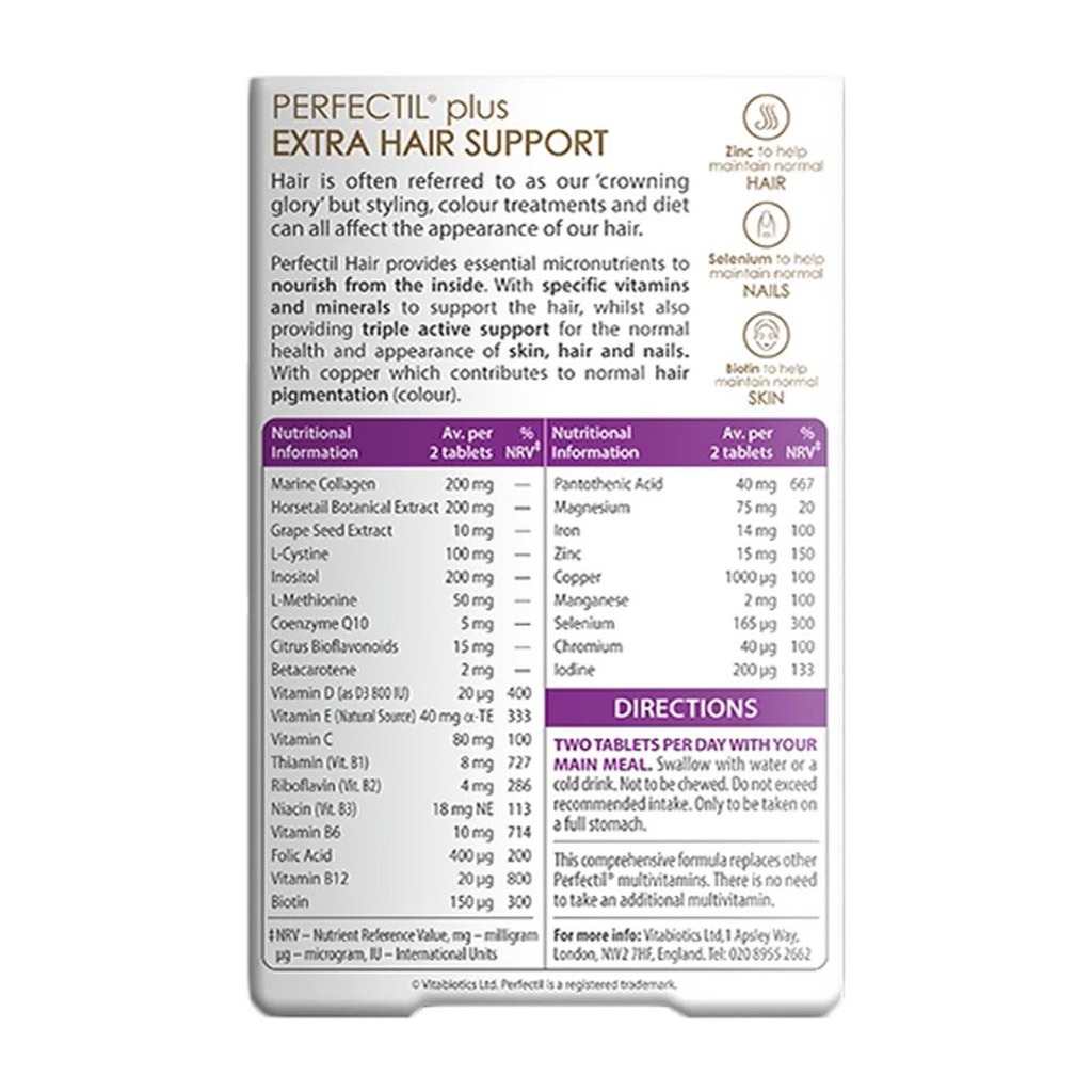 Vitabiotics Perfectil Extra Support Tablets For Hair, Skin & Nails, Pack of 60's