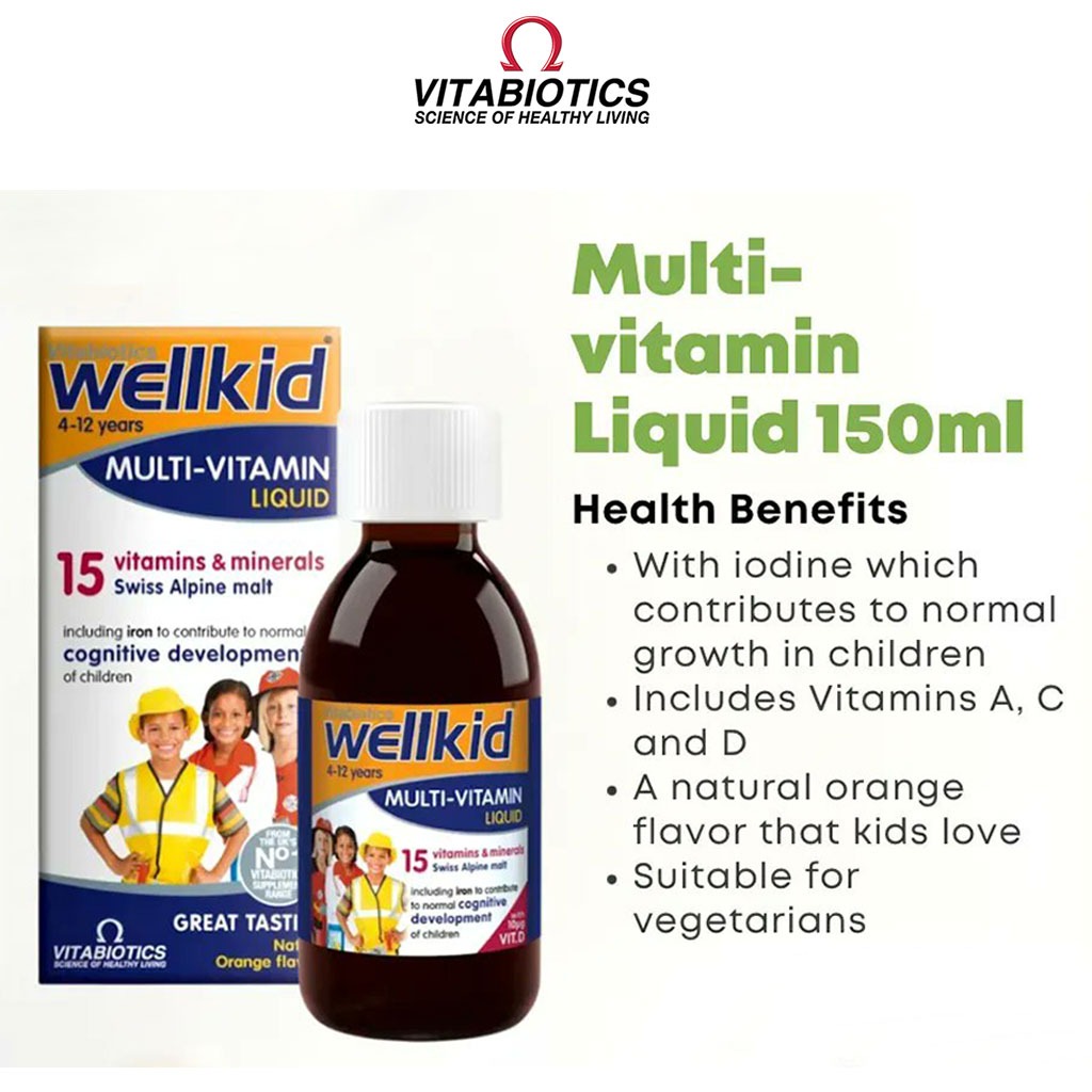 Vitabiotics Wellkid Multivitamin Orange Flavoured Liquid For Children 150ml