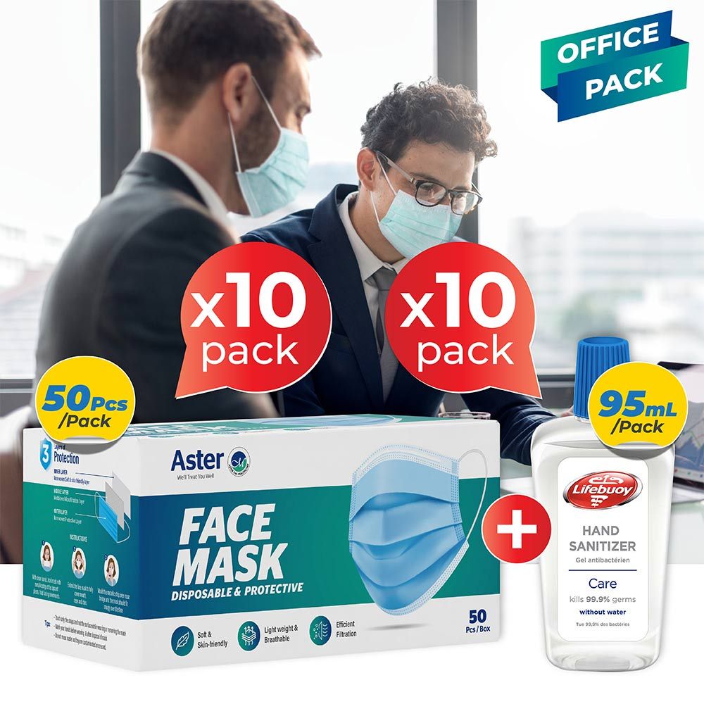 Aster Disposable Mask Box 10's + Lifebuoy 95mL Sanitizer 10's Office Pack