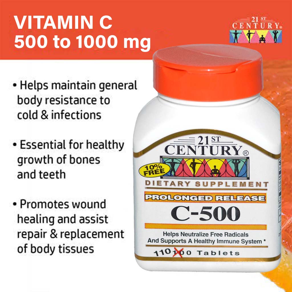 21st Century Vitamin C 500mg Prolonged Release Tablets For Antioxidant & Immunity Support, Pack of 110's