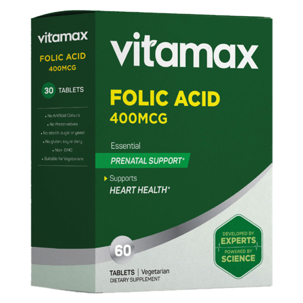 Vitamax Folic Acid 400 mcg Tablets For Prenatal Support & Healthy Heart Function, Pack of 60's