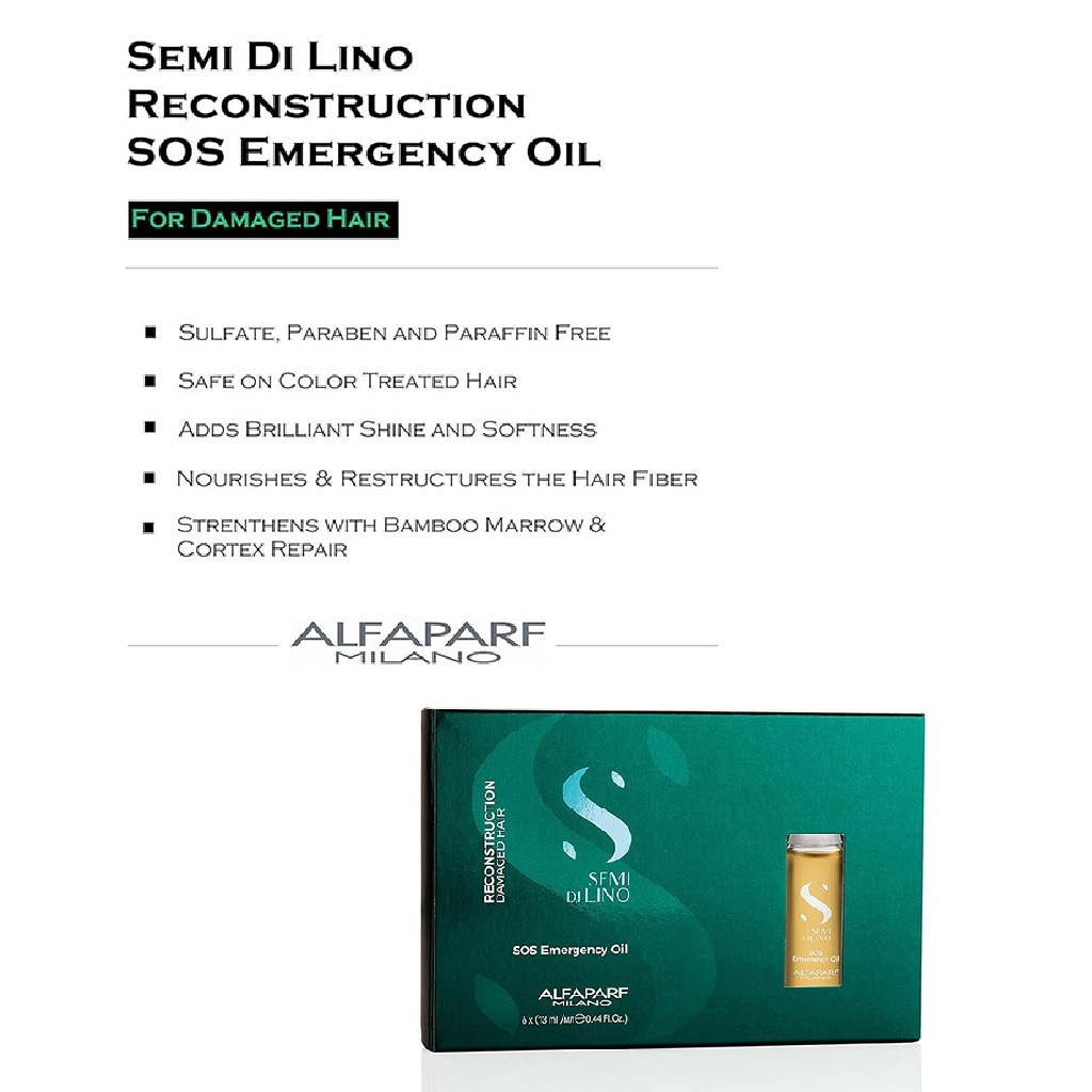 Alfaparf Milano Semi Di Lino SOS Emergency Hair Oil Professional Reconstruction Treatment For Damaged Hair, Pack of 6 x 13ml Vials