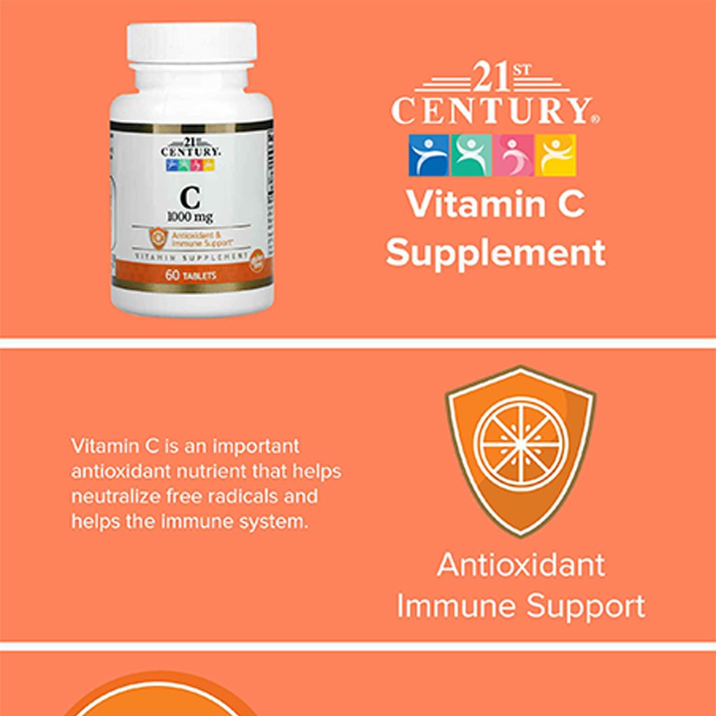 21st Century Vitamin C 1000mg Tablets For Antioxidant & Immunity Support, Pack of 60's