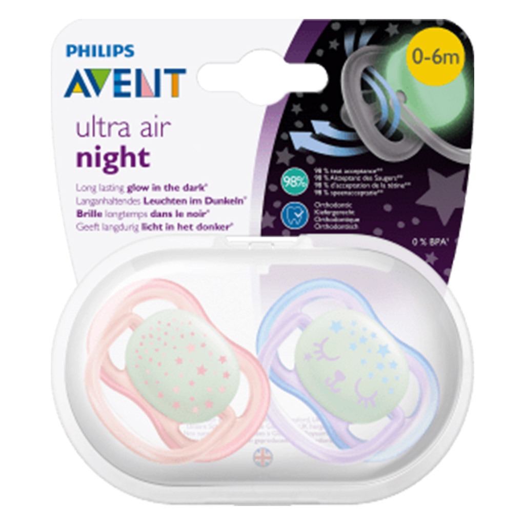 Philips Avent Ultra Air Silicone Soother Night Time For 0-6 Months Baby Girl, Pack of 2's