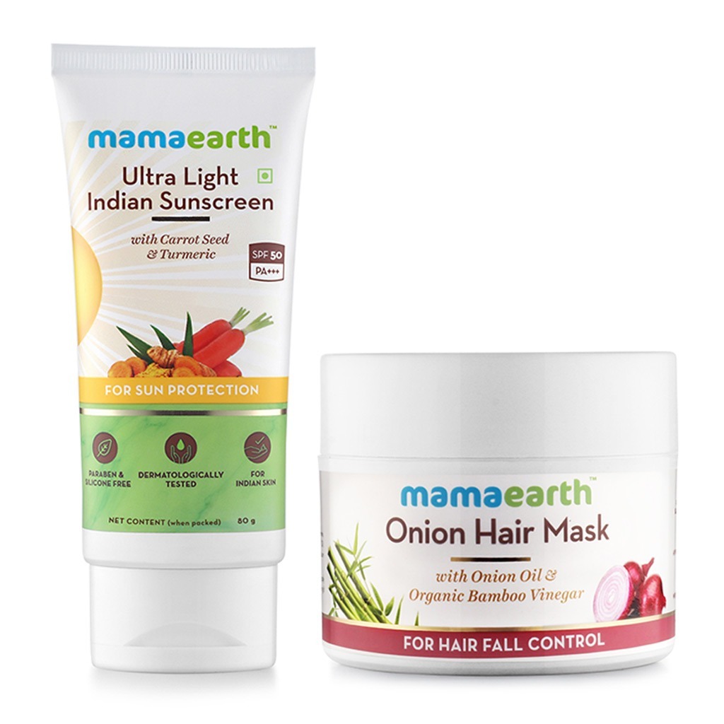 Mamaearth Ultra Light SPF50 PA+++ Indian Sunscreen 80 g + Mamaearth Onion Hair Mask For Hair Fall Control 200 g Combo Pack
