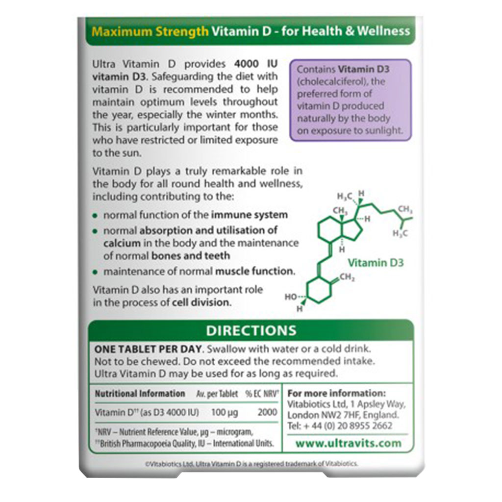 Vitabiotics Ultra Vitamin D3 4000IU Maximum Strength Tablets For Healthy Immune System, Pack of 96's