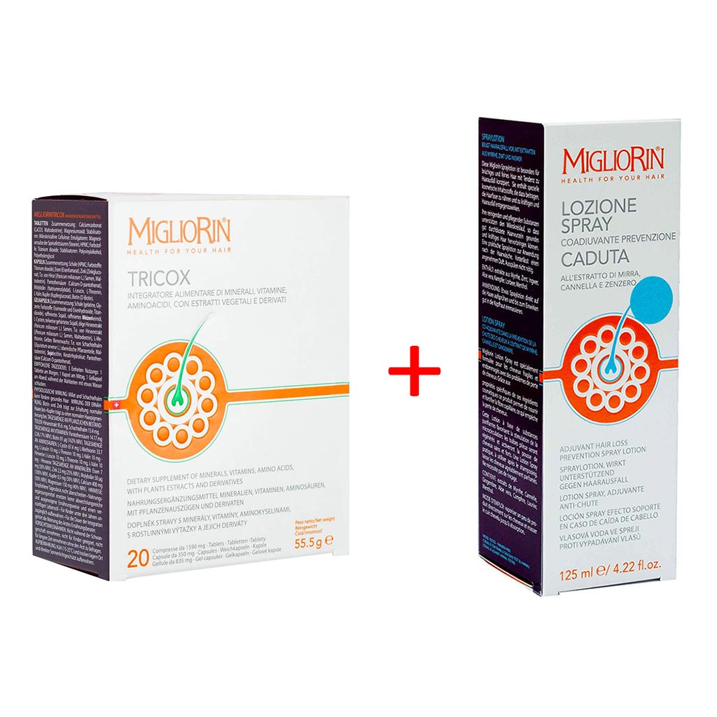 Migliorin Tricox Tablets 20 Servings + Adjuvant Anti-Hair Loss Spray Lotion 125ml Anti-Hair Loss PROMO PACK 