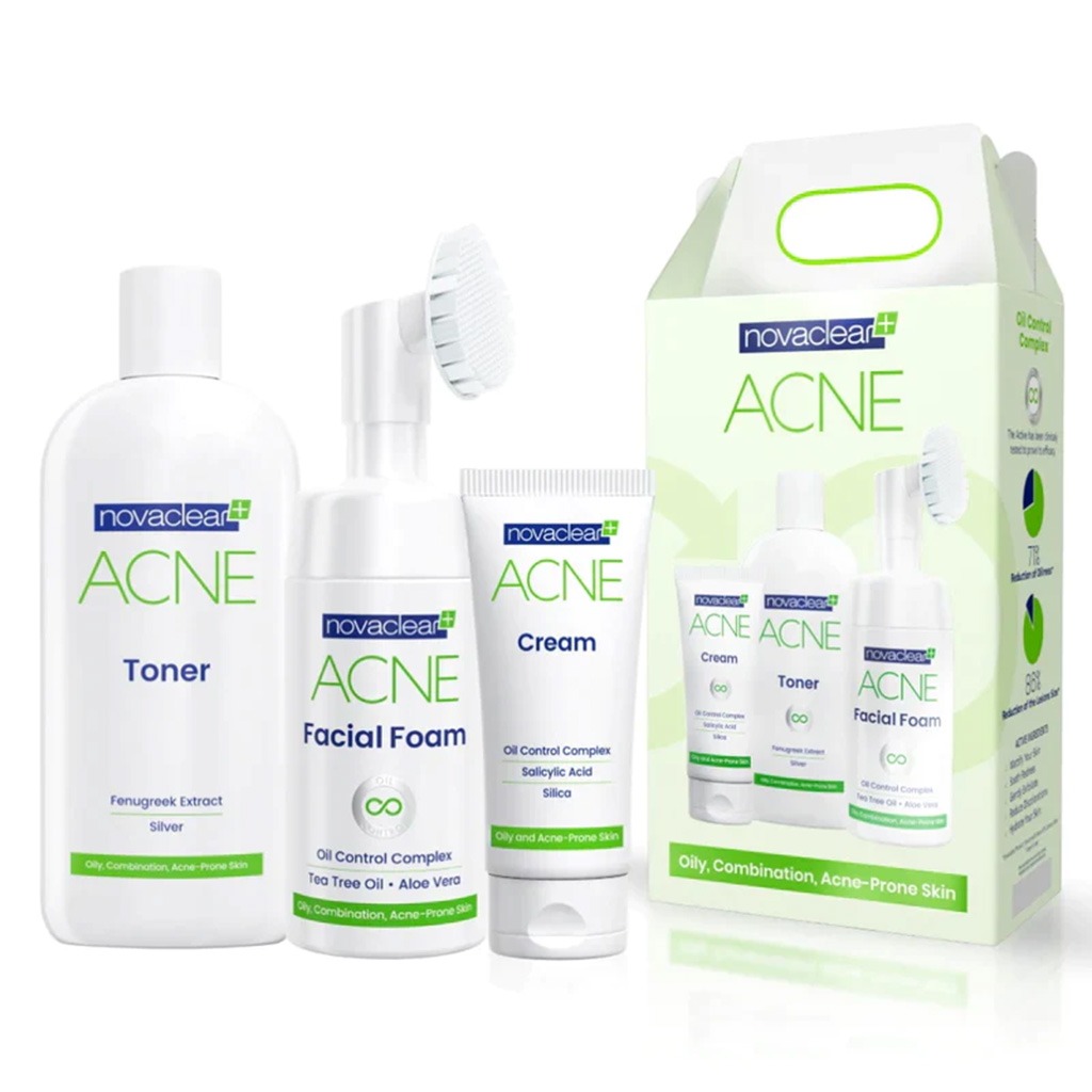 Novaclear Acne Kit With Acne Facial Foam 100ml + Acne Toner 150ml + Acne Cream For Oily, Combination & Acne-Prone Skin 40ml