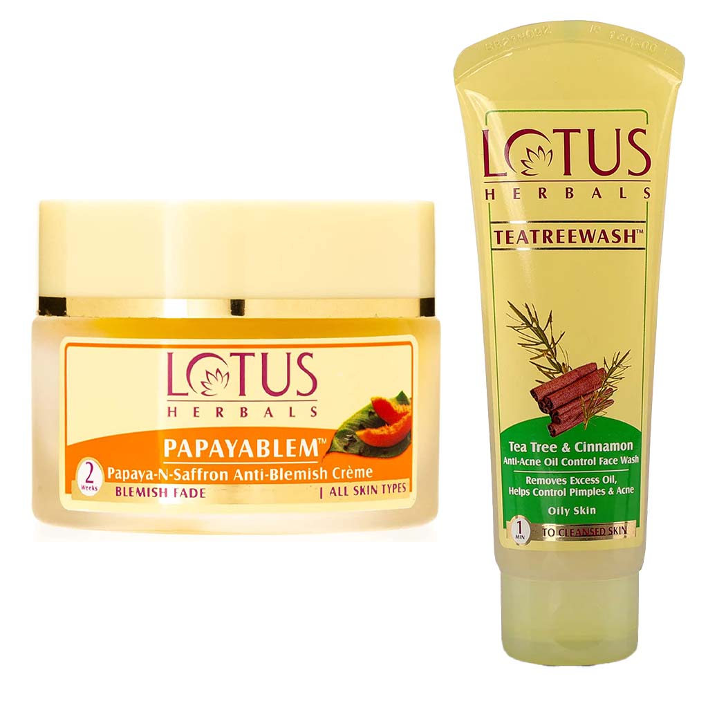 Lotus Herbals Papayablem Papaya-N-Saffron Anti-Blemish Cream 50g + Lotus Herbals Teatreewash Anti-Acne Oil Control Face Wash With Tea Tree & Cinnamon 120g PROMO PACK