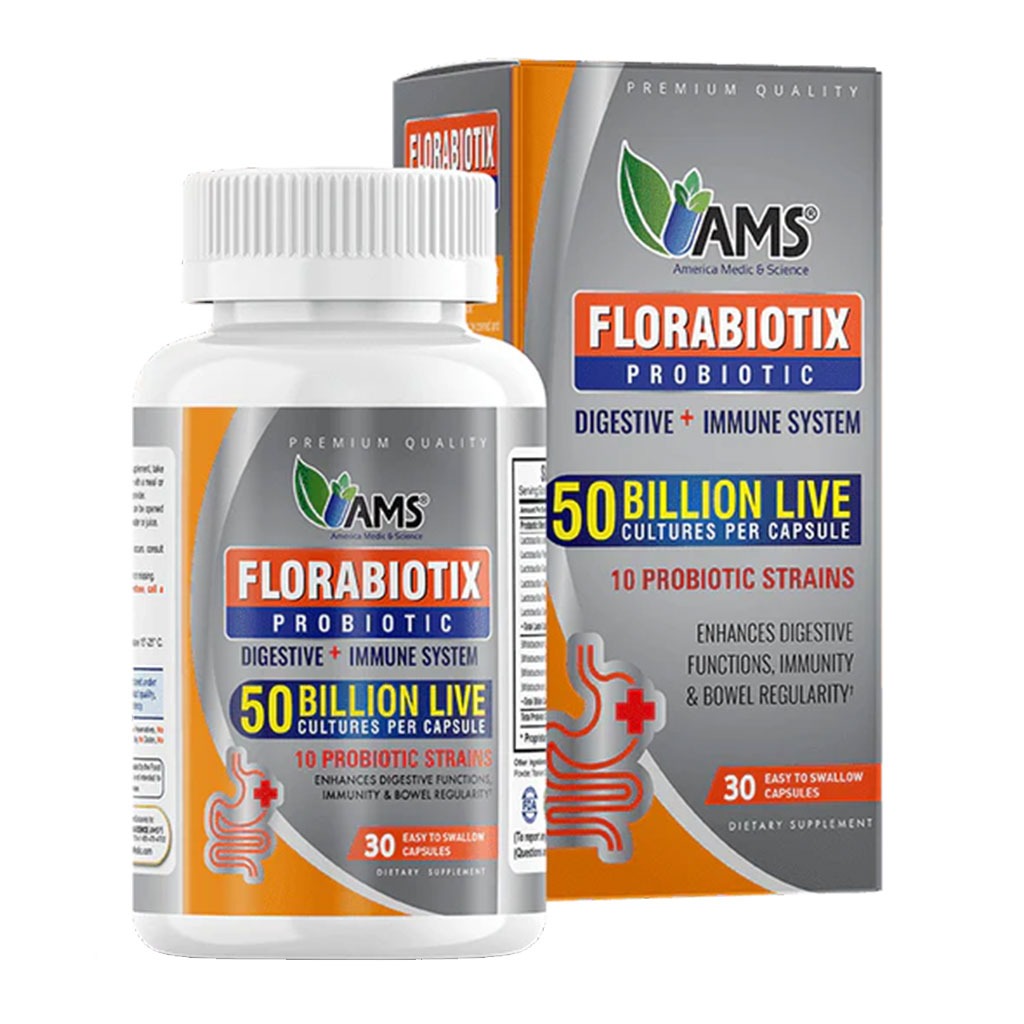 AMS Florabiotix Digestive + Immune System 50 Billion Live Cultures & 10 Probiotic strains Easy To Swallow Capsules, Pack of 30's