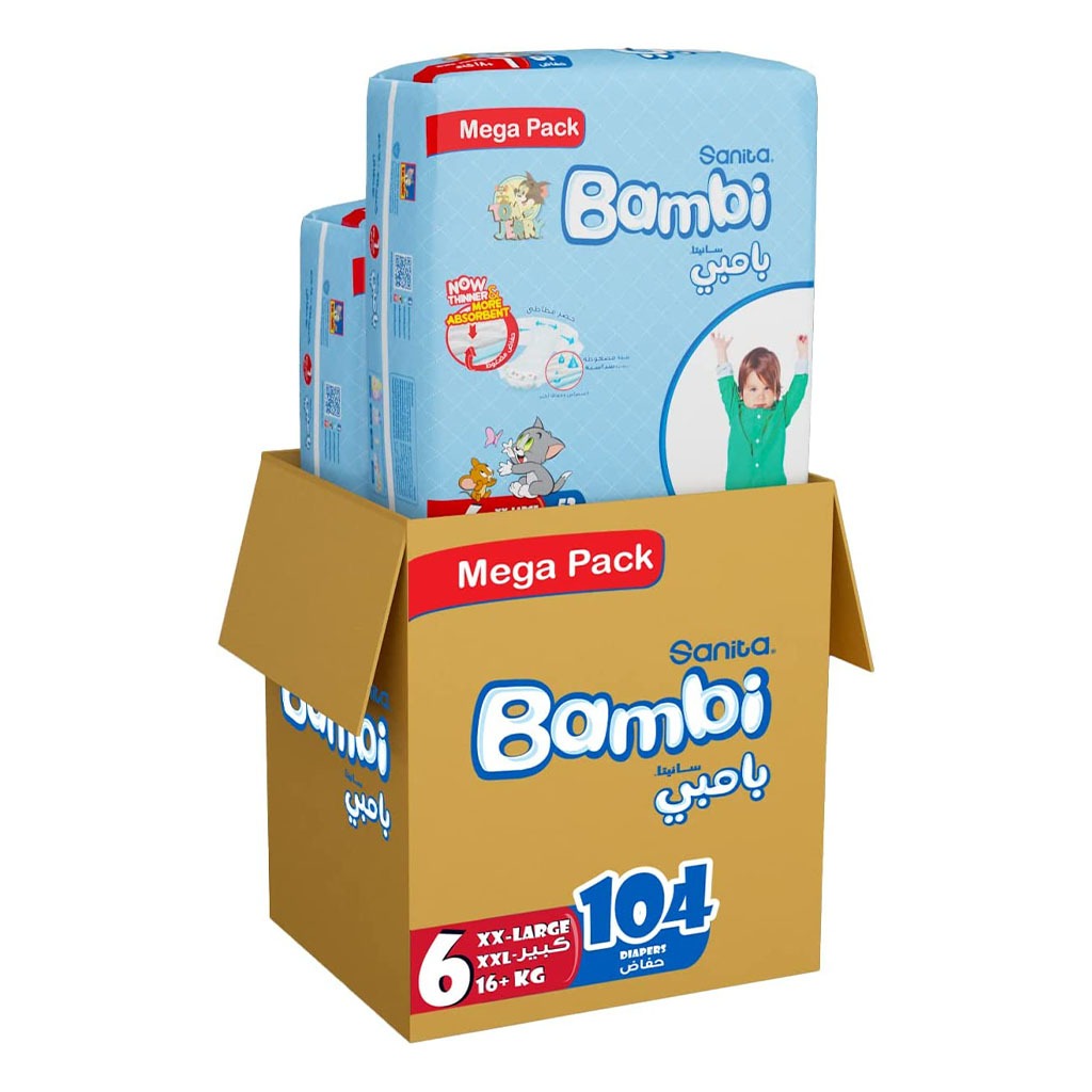 Sanita Bambi Tom And Jerry Baby Diapers, Size 6, XX-Large For 16+Kg Baby, Mega Pack of 104's