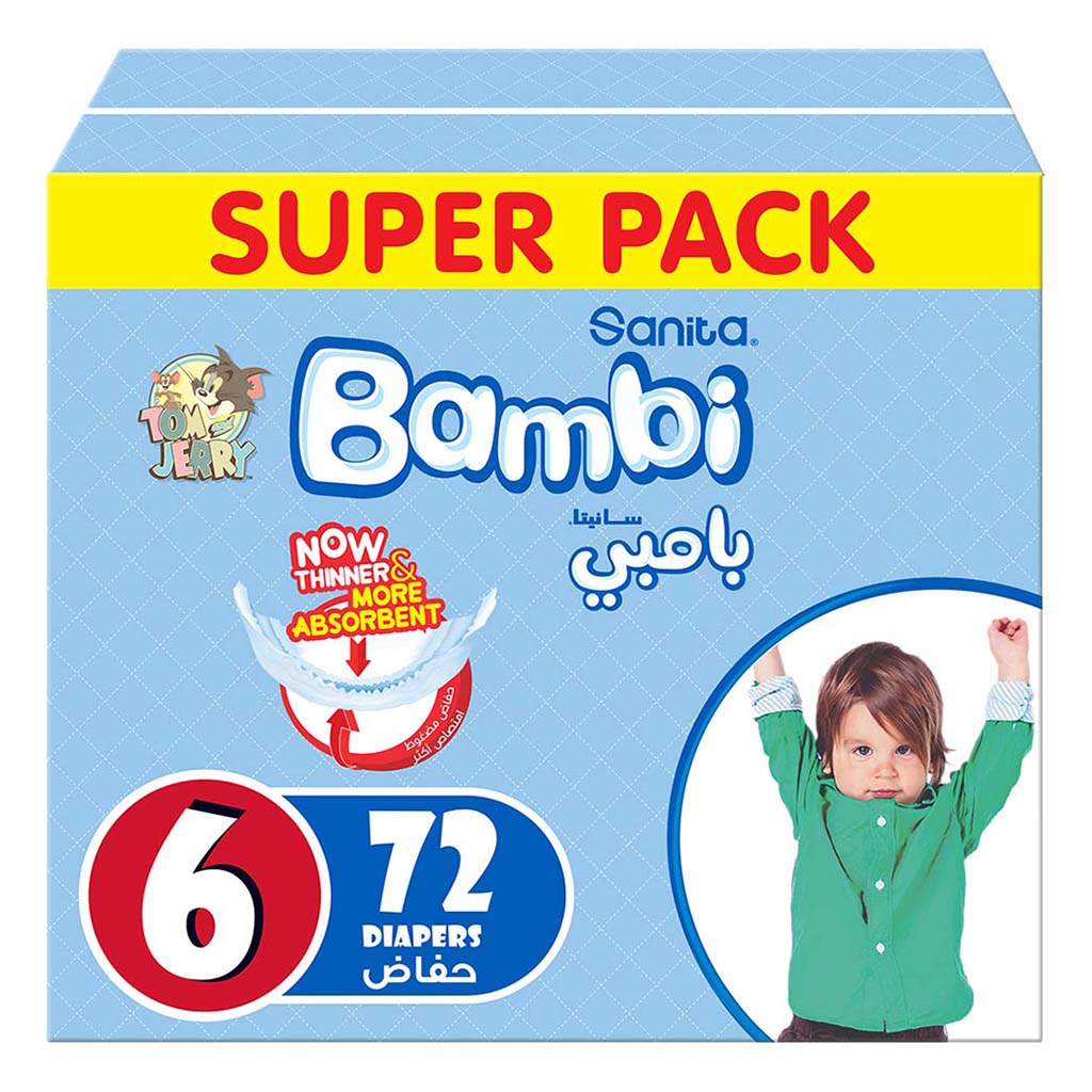 Sanita Bambi Tom And Jerry Baby Diapers, Size 6, XX-Large, For 16+ Kg Baby, Super Pack of 72's