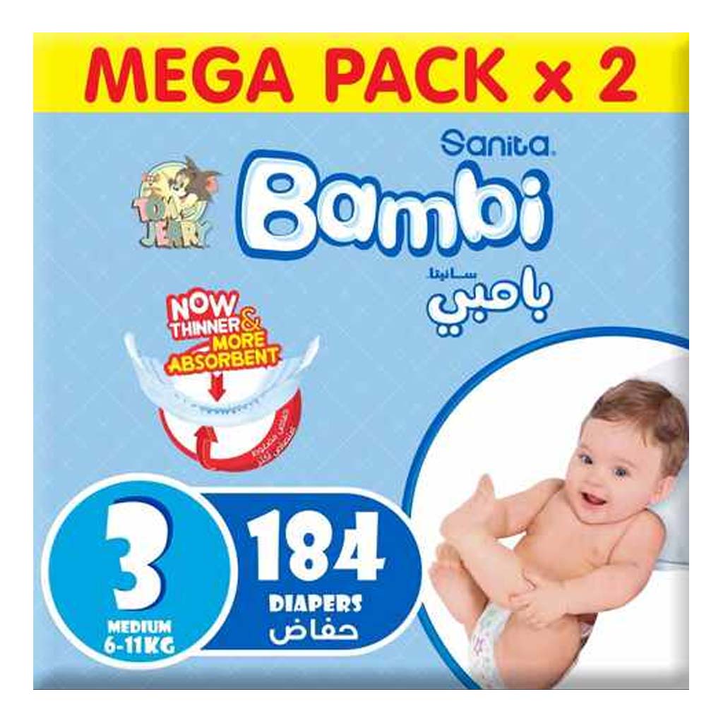 Sanita Bambi Tom And Jerry Baby Diapers, Size 3, Medium For 6-11 Kg Baby, 2 × 92's, Mega Pack of 184's