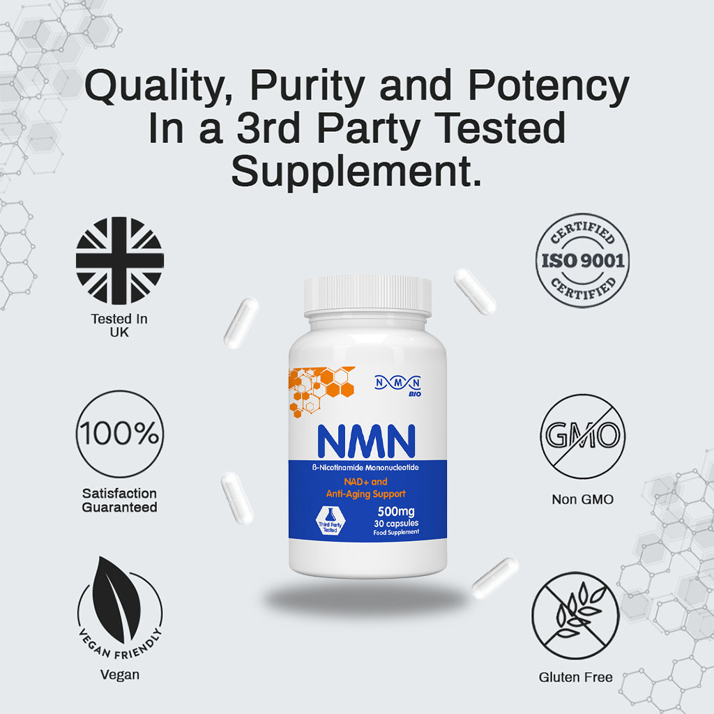 NMN Bio 99% Pure Beta Nicotinamide Mononucleotide Capsules For Anti-aging Support 500mg, Pack of 30's