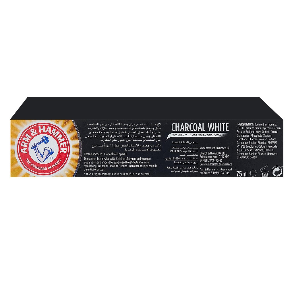 Arm & Hammer Charcoal White Toothpaste With Activated Charcoal For Stain Removal 75ml