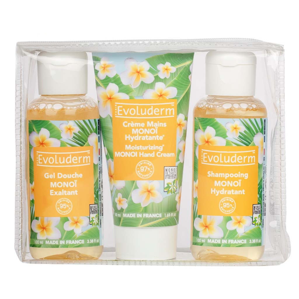 Evoluderm Travel Gift Box, Pack of Stimulating Monoi Shower Gel 100ml, Moisturizing Monoi Hand cream 50ml, Hydrating Monoi Shampoo 100ml