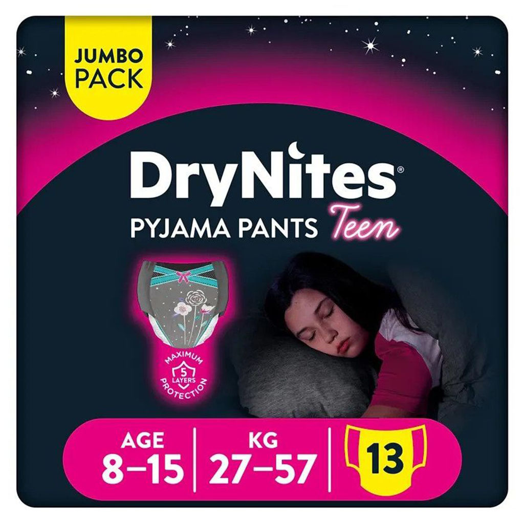 Huggies DryNites Pyjama Pants, Disposable Bed Wetting Diaper For 8-15 Years Old Girls Weighing 27-57 kg, Jumbo Pack of 13's