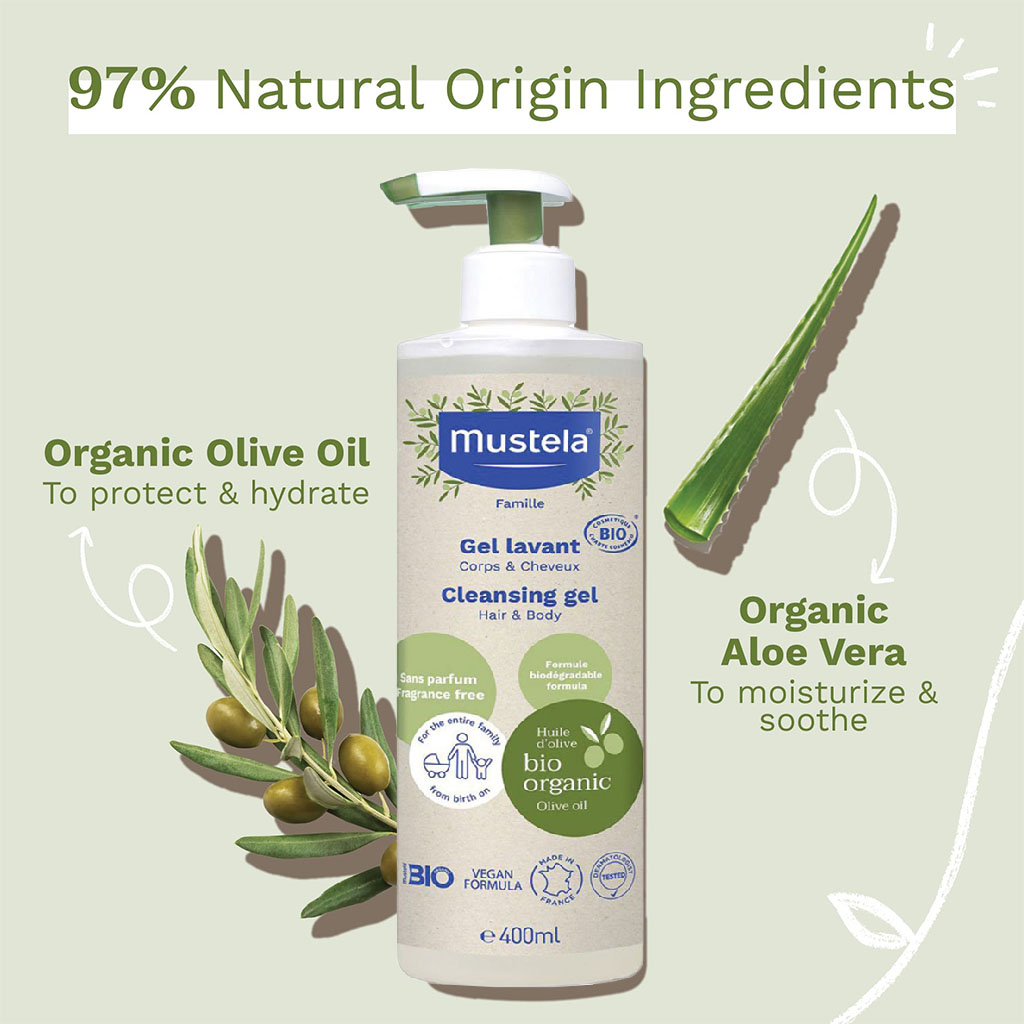 Mustela Bio Organic Fragrance-Free Baby Cleansing Gel For Hair & Body 400ml