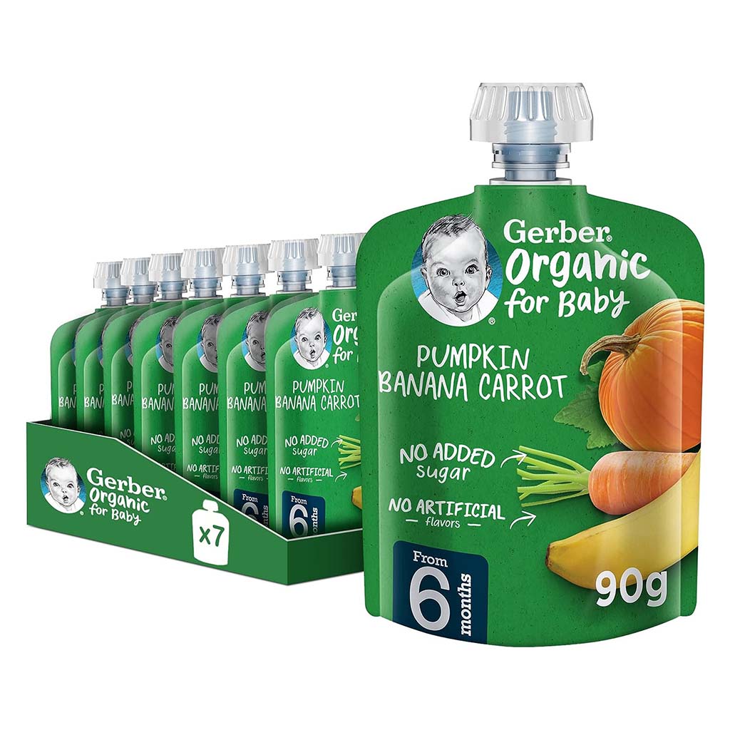 Gerber Organic Puree With Pumpkin, Banana, & Carrot For Babies From 6 Months, 7 x 90g, Pack of 7's