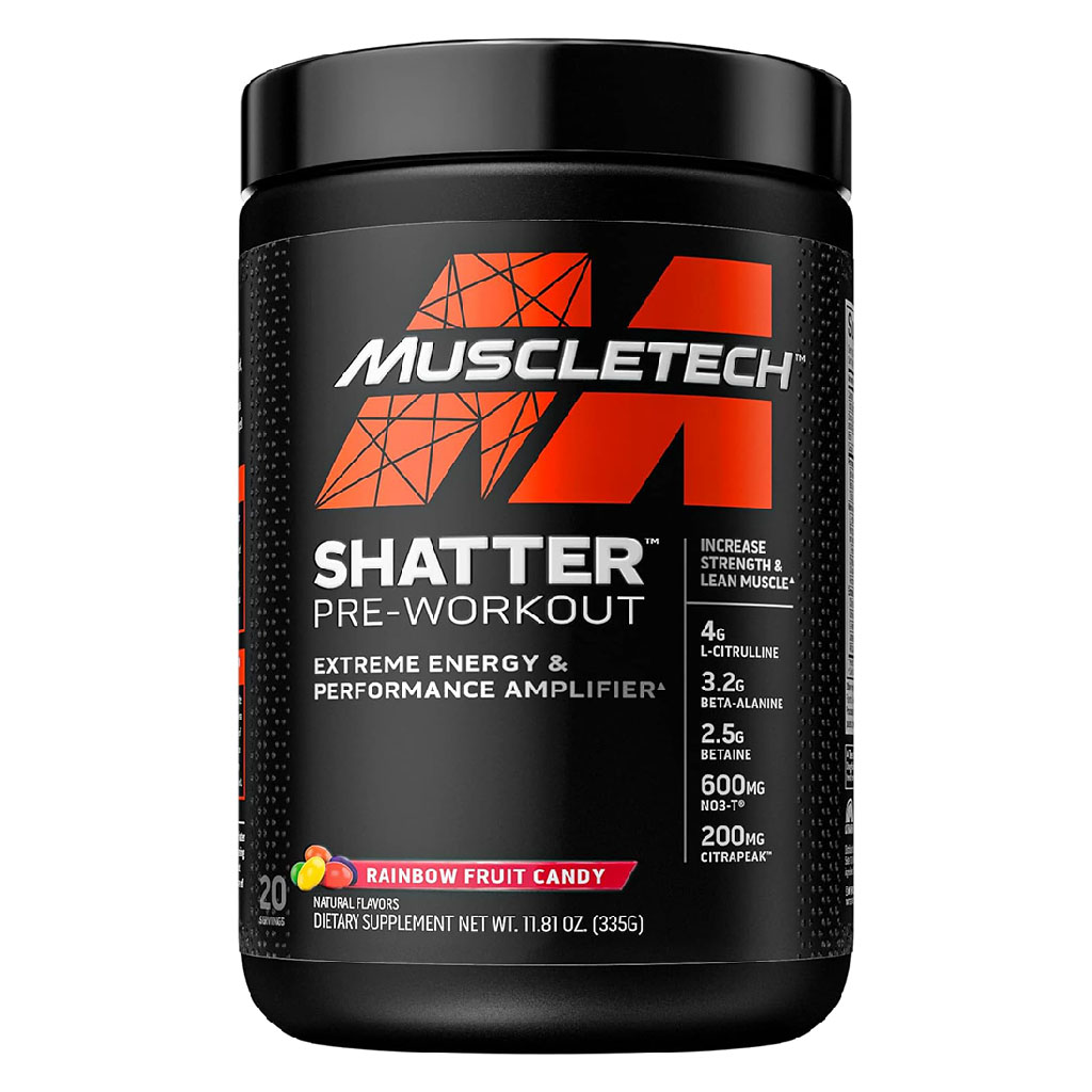 MuscleTech Shatter Extreme Energy And Performance Amplifier Pre-Workout Powder, Rainbow Fruit Candy Flavor, 389g